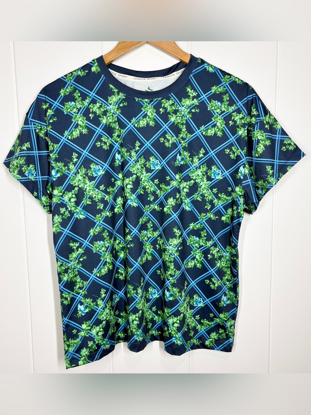 Tuckernuck Ivy Lattice Print Activewear Short Sleeve Top Size Small Blue